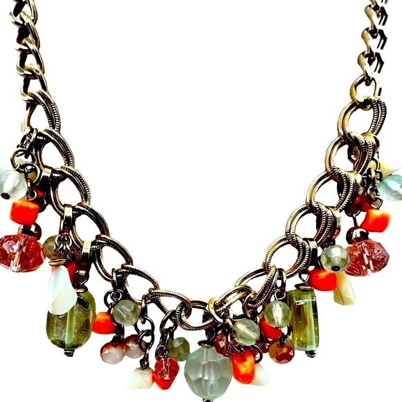 Chunky Gold  Tone Chain  Necklace W/ Colorful Beads & Charms   A48 - Picture 3 of 7
